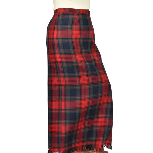Vintage Rafaella Sport Tartan Maxi Skirt Red Plaid Check Fringe Slit Wool Long 8 - Picture 6 of 13